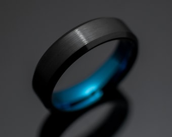 Black Obsidian Brushed Tungsten Wedding Band with Blue Inlay | Engagement Ring in 6mm