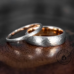 Hammered Silver Rose Gold Tungsten Wedding Ring Set His and Hers, 2mm/6mm Bands Active