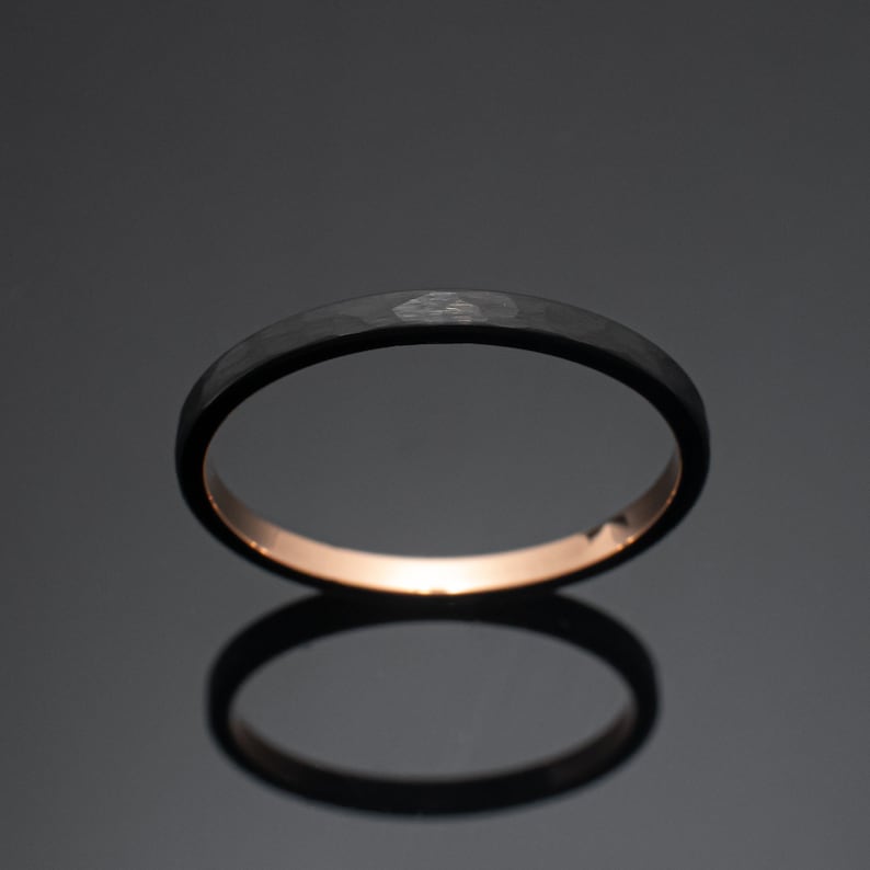 2mm/4mm Hammered Obsidian Rose Gold Tungsten Wedding Ring Set His and Hers, Black Hammered wedding band set image 4