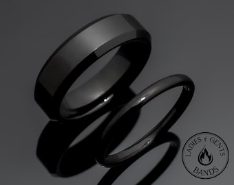 Black Obsidian Tungsten Wedding Ring Set His and Hers, 2mm and 6mm bands