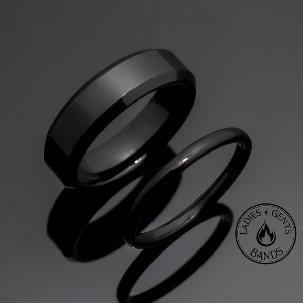 Black Obsidian Tungsten Wedding Ring Set His and Hers, 2mm and 6mm bands