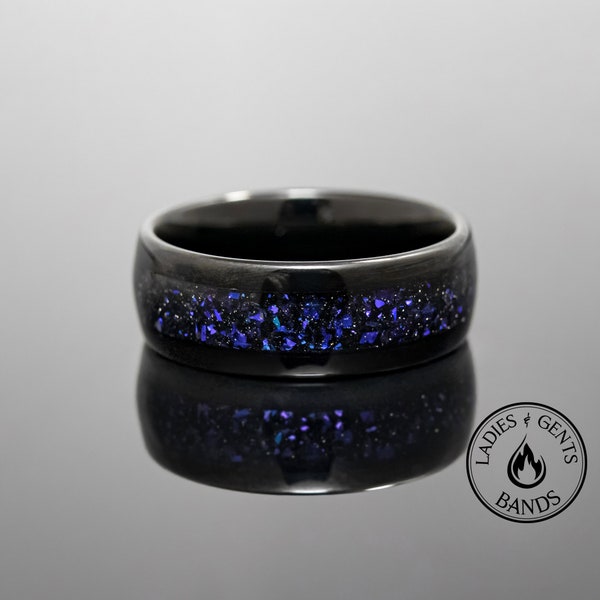 8mm Black POLISHED Orion Nebula Obsidian-style Wedding Ring, blue sandstone Wedding Band, Tungsten Carbide Unisex Ring