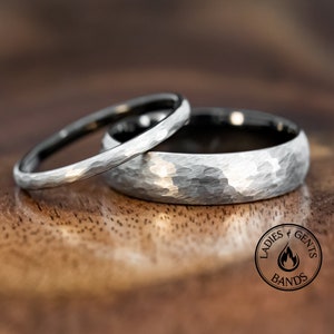 Silver Hammered Obsidian-style Wedding Ring Set His and Hers, Black Tungsten 2mm/6mm Bands Active