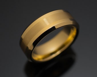 Center Brush 8mm Gold Tungsten Wedding with, Yellow Gold Tungsten Ring Mens Wedding Band Anniversary Ring