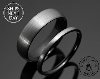 Silver Obsidian-Style Tungsten Wedding Ring Set His and Hers, 2mm/6mm Bands with Black Inlay