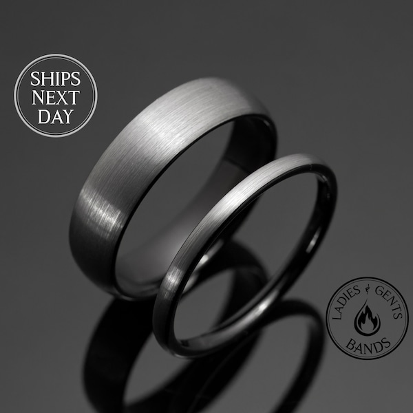 Silver Obsidian-Style Tungsten Wedding Ring Set His and Hers, 2mm/6mm Bands with Black Inlay