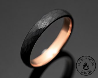 4mm Hammered Black Obsidian Tungsten Carbide Wedding Band with Rose Gold