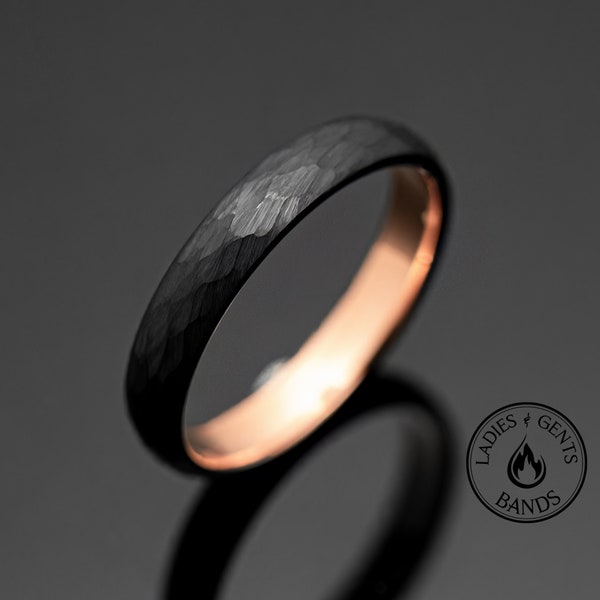4mm gehämmerter Ehering aus schwarzem Obsidian Wolframcarbid mit Rosegold