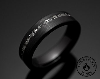 Anillo de boda cepillado de meteorito negro de 6 mm, banda de boda para hombre con chorro de arena de obsidiana negra