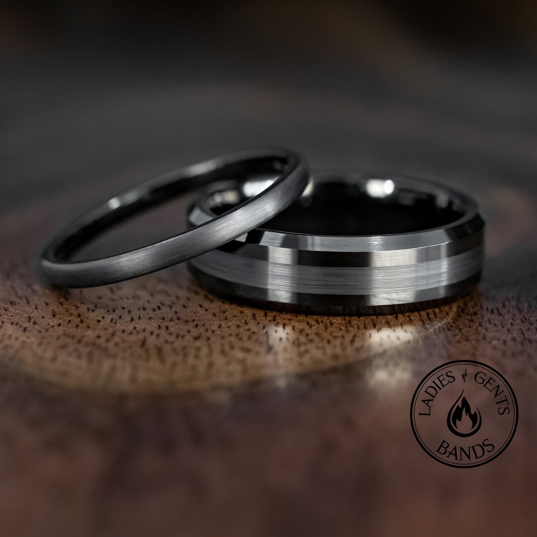 Black Brushed Obsidian Tungsten Wedding Ring Set His and Hers, 2mm