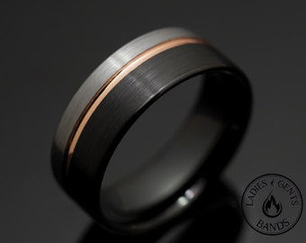 8mm Black and Silver Wedding band with Rose Gold strip accent, Tri-color wedding ring unisex