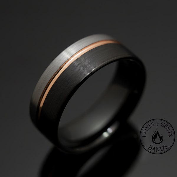 8mm Black and Silver Wedding band with Rose Gold strip accent, Tri-color wedding ring unisex