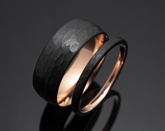 2mm / 8mm gehämmertes Rosegold Wolfram Eheringe, Verlobungsringe im Obsidian-Stil