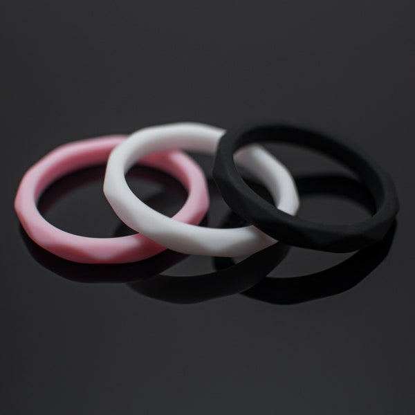 Women's Wedding Band Set, Silicone 3 Pack, Pink, White & Black Rings