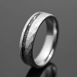 6mm METEORITE Wedding Ring | Silver Custom Men Tungsten Band - Mens Meteorite Ring | Silver Meteorite Wedding Band for Men meteorite inlay image 2