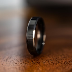 Black Obsidian Tungsten Ring, 4mm Unisex beveled black wedding band ring