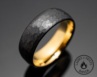 Black Hammered Gold Obsidian Brushed Tungsten Carbide Unisex Wedding Band Ring in 8mm Width