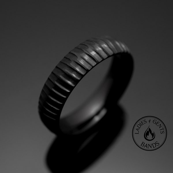 Black Obsidian Tire Tread Ridge Tungsten Wedding Band Ring in 6mm Width