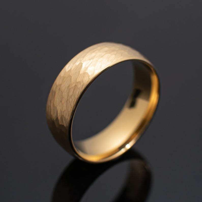 4mm/8mm Gold Hammered Tungsten Wedding Ring Set His and Hers | Alternative Yellow Gold Wedding Bands |Antique Vintage Style Engagement Bands image 9