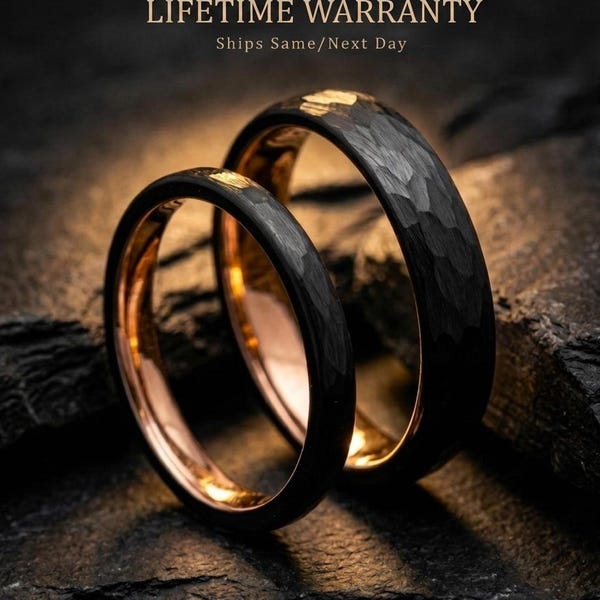2mm/4mm Hammered Obsidian Rose Gold Tungsten Wedding Ring Set His and Hers, Black Hammered wedding band set