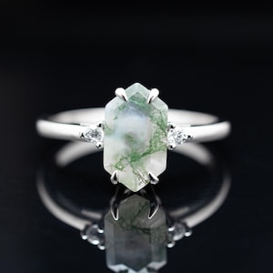 Moss Agate Emerald Wedding Ring - Sterling Silver Women&#39;s Band in 1.5mm thickness - CZ Diamond