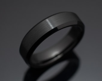 6mm Black Brushed Obsidian Tungsten Wedding Band, Center Brushed with Beveled Edges Wedding Ring