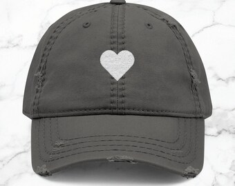 Distressed Hat: Cotton Twill Cap with Heart Embroidery