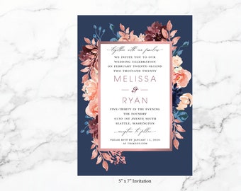 Navy and Rose Gold Floral Invite 5"x7"