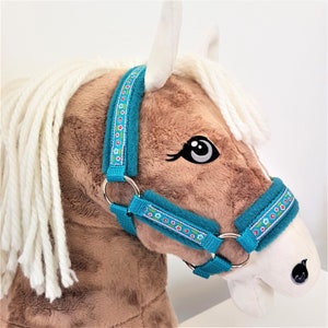 halter hobby horse &quot;Flowers&quot; headcollar for hobby horse turquoise petrol halter for hobby horse turquoise petrol