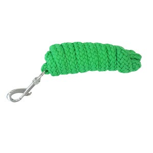 Op de afbeelding: Een opgerold, felgroen touw met een zilverkleurige metalen sluiting. Het touw is gemaakt van een dik, gevlochten materiaal. De sluiting is bevestigd aan één uiteinde van het touw.