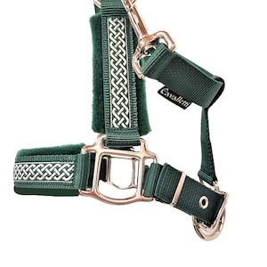 May include: A dark green horse halter with silver-colored metal hardware. The halter features a soft, padded lining and decorative white and silver Celtic knotwork trim. The brand name "Cavaletti" is visible on a small tag.