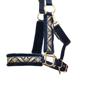 horse halter xfull &quot;Versailles&quot; personalizable headcollar for horsers horsehalter blue and golden for drafthorse