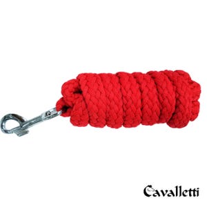 Op de afbeelding: Een opgerold rood touw met een zilveren metalen clip. Het touw is dik en gevlochten en de clip is aan één uiteinde bevestigd. Het touw wordt waarschijnlijk gebruikt voor paardensportactiviteiten.