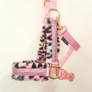 Puede incluir: Un cabestro de caballo rosa y con estampado de leopardo con herrajes dorados. El cabestro presenta un estampado de leopardo de piel sintética suave en la muserola y la cabezada. El cabestro tiene una franja rosa brillante en el centro.