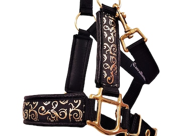 horsehalter "Artus" personalizable cob size headcollar for horses gold glitter halter for horses gold glitter headcollar with name