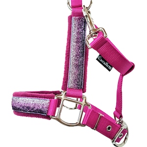 May include: A pink horse halter with silver glitter accents and a silver buckle. The halter has a Cavalletti brand label.