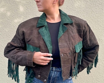 Vintage leather fringe jacket, brown suede cropped jacket, women's cowboy jacket, 80s patchwork biker jacket