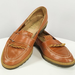 Vintage brown leather loafers with fringe, women&#39;s shoes