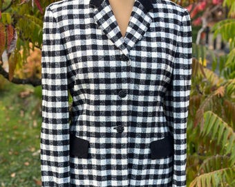 Blazer vintage a cuadros para mujer, blazer de mezcla de lana en blanco y negro, chaqueta a cuadros Vichy de Betty Barclay de los años 90.