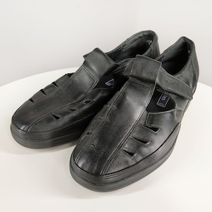 Vintage zwarte leren brogue sandalen, dikke dames sandalen