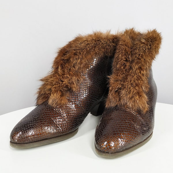 Brown leather ankle boots with snakeskin effect, vintage women's booties with natural fur