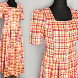 Vintage trachten dress, Austrian Dirndl women's dress, long plaid cottagecore dress, Bavarian folklore dress with puff sleeves