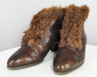 Brown leather ankle boots with snakeskin effect, vintage women's booties with natural fur