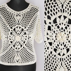 Vintage crochet top, white crocheted sweater in cream white