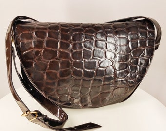 Large vintage crossbody bag, half moon bag, faux patent leather croc bag, 80s women's purse