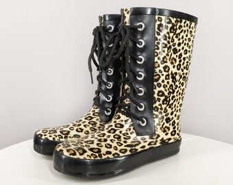 Vintage wellington boots, lace up rain boots in leopard print, women's wellies