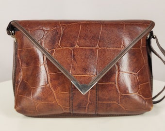 Vintage small crossbody bag in croc effect, brown faux leather purse