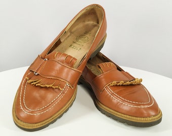 Vintage brown leather loafers with fringe, women's shoes