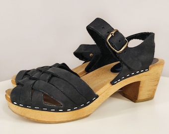 Swedish vintage clogs, black suede leather clog sandals, women's shoes with wooden sole by Moheda