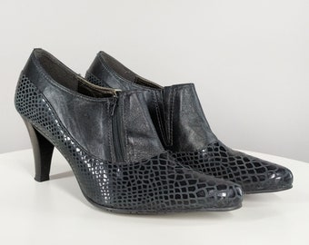 Stivaletti vintage in pelle nera, stivaletti da donna con tacco alto con punta a punta